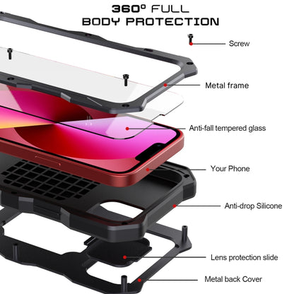 For iPhone 14 Plus Life Waterproof Camshield Tri-poof Metal Phone Case with Holder(Black) - iPhone 14 Plus Cases by buy2fix | Online Shopping UK | buy2fix