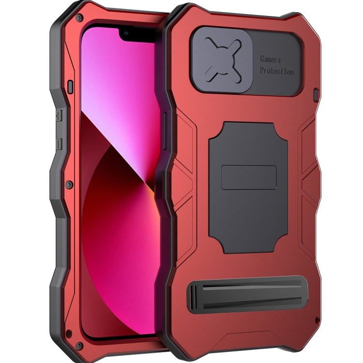 For iPhone 14 Plus Life Waterproof Camshield Tri-poof Metal Phone Case with Holder(Red) - iPhone 14 Plus Cases by buy2fix | Online Shopping UK | buy2fix