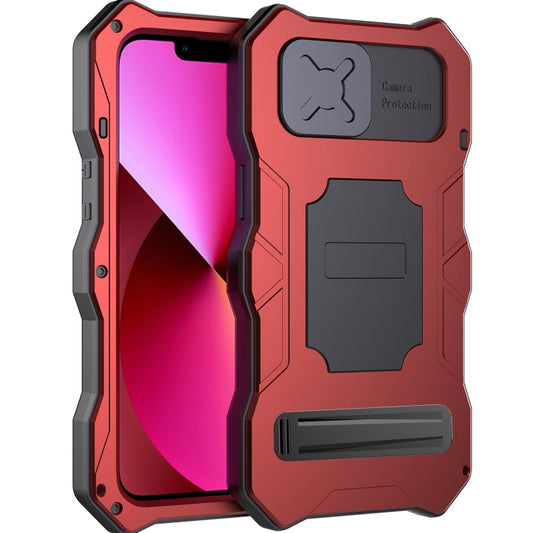 For iPhone 14 Plus Life Waterproof Camshield Tri-poof Metal Phone Case with Holder(Red) - iPhone 14 Plus Cases by buy2fix | Online Shopping UK | buy2fix