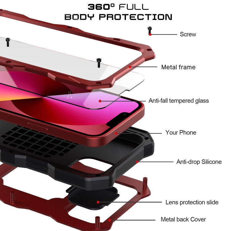 For iPhone 14 Plus Life Waterproof Camshield Tri-poof Metal Phone Case with Holder(Red) - iPhone 14 Plus Cases by buy2fix | Online Shopping UK | buy2fix