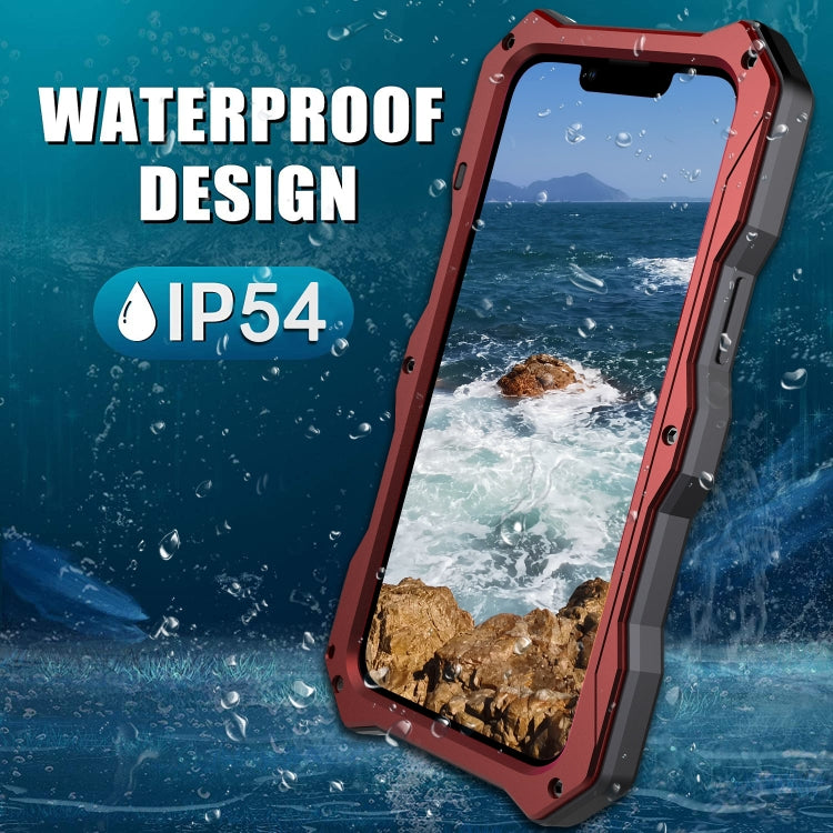 For iPhone 14 Plus Life Waterproof Camshield Tri-poof Metal Phone Case with Holder(Red) - iPhone 14 Plus Cases by buy2fix | Online Shopping UK | buy2fix