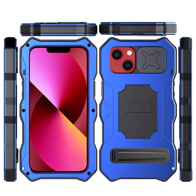 For iPhone 14 Plus Life Waterproof Camshield Tri-poof Metal Phone Case with Holder(Blue) - iPhone 14 Plus Cases by buy2fix | Online Shopping UK | buy2fix