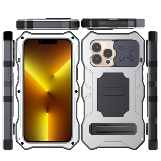 For iPhone 14 Pro Life Waterproof Camshield Tri-poof Metal Phone Case with Holder(Silver) - iPhone 14 Pro Cases by buy2fix | Online Shopping UK | buy2fix