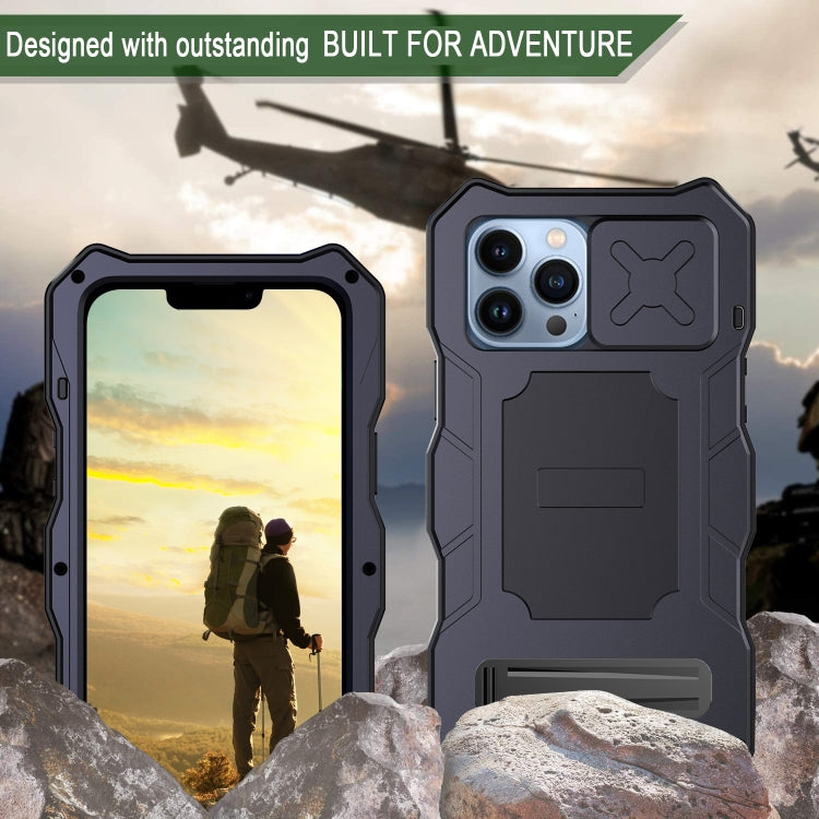 For iPhone 14 Pro Max Life Waterproof Camshield Tri-poof Metal Phone Case with Holder(Black) - iPhone 14 Pro Max Cases by buy2fix | Online Shopping UK | buy2fix