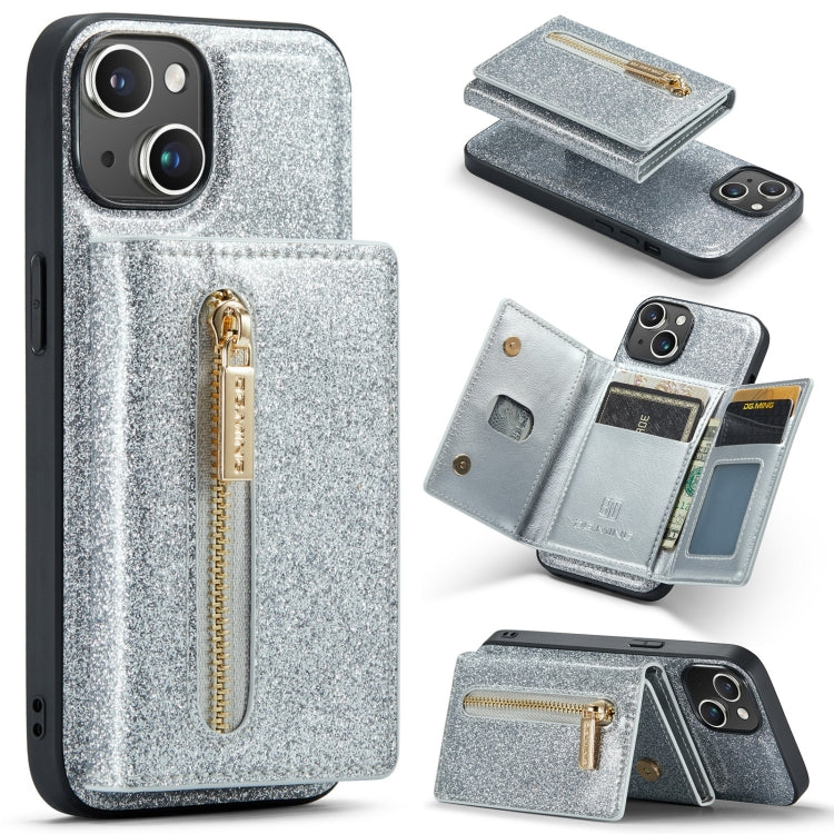 For iPhone 14 Plus DG.MING M3 Series Glitter Powder Card Bag Leather Case(Silver) by DG.MING