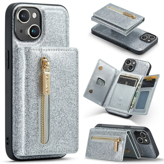 For iPhone 14 Plus DG.MING M3 Series Glitter Powder Card Bag Leather Case(Silver) by DG.MING