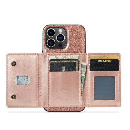 For iPhone 14 Pro DG.MING M3 Series Glitter Powder Card Bag Leather Case(Rose Gold) by DG.MING