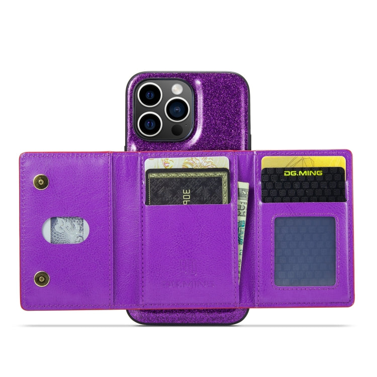 For iPhone 14 Pro DG.MING M3 Series Glitter Powder Card Bag Leather Case(Dark Purple) by DG.MING