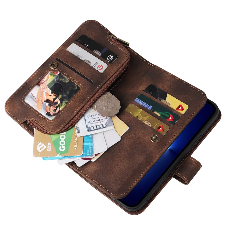 For iPhone 14 Pro Multifunctional Card Slot Zipper Wallet Flip Leather Phone Case(Brown) - iPhone 14 Pro Cases by buy2fix | Online Shopping UK | buy2fix