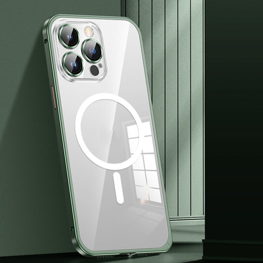 For iPhone 12 Pro Max MagSafe Spring Buckle Metal Transparent Phone Case with Lens Protection(Green) - iPhone 12 Pro Max Cases by buy2fix | Online Shopping UK | buy2fix