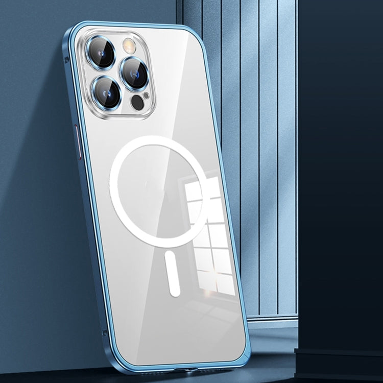 For iPhone 12 Pro Max MagSafe Spring Buckle Metal Transparent Phone Case with Lens Protection(Blue) - iPhone 12 Pro Max Cases by buy2fix | Online Shopping UK | buy2fix