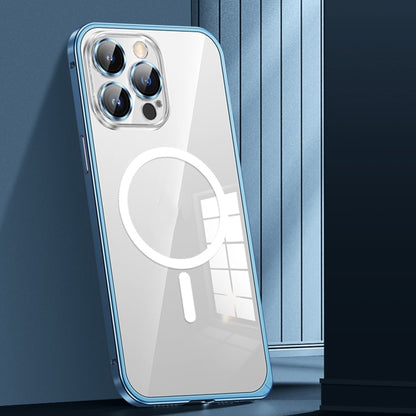 For iPhone 12 Pro Max MagSafe Spring Buckle Metal Transparent Phone Case with Lens Protection(Blue) - iPhone 12 Pro Max Cases by buy2fix | Online Shopping UK | buy2fix