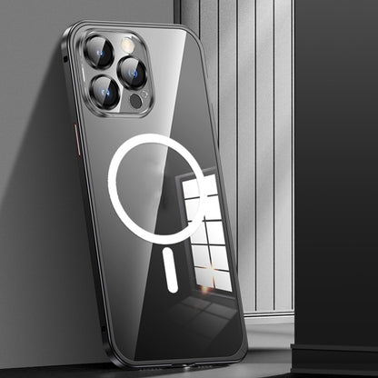 For iPhone 12 Pro Max MagSafe Spring Buckle Metal Transparent Phone Case with Lens Protection(Black) - iPhone 12 Pro Max Cases by buy2fix | Online Shopping UK | buy2fix