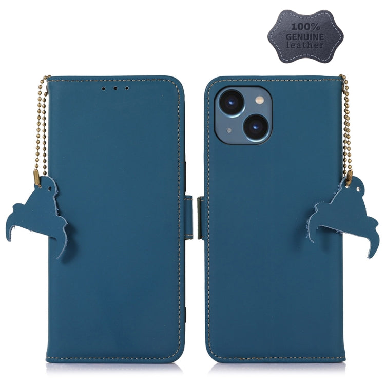 For iPhone 14 Plus Genuine Leather Magnetic RFID Leather Phone Case(Blue) - iPhone 14 Plus Cases by buy2fix | Online Shopping UK | buy2fix