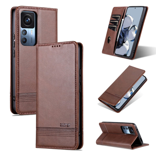 For Xiaomi 12T / 12T Pro / Redmi K50 Ultra AZNS Magnetic Calf Texture Flip Leather Phone Case(Dark Brown)