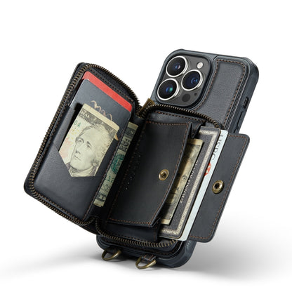 For iPhone 14 JEEHOOD C22 Series Zipper Wallet Phone Case with Long and Short Lanyard(Black) - iPhone 14 Cases by JEEHOOD | Online Shopping UK | buy2fix