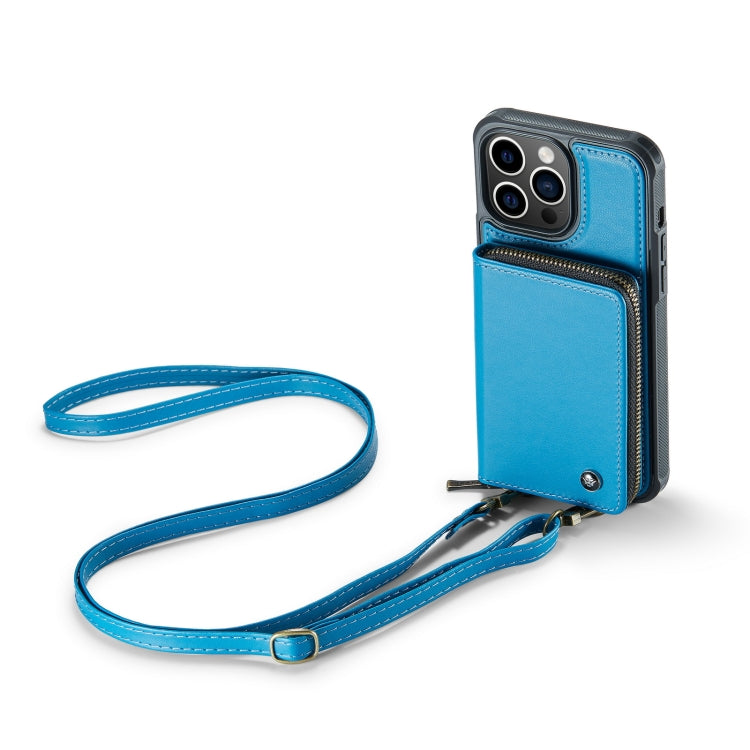 For iPhone 14 JEEHOOD C22 Series Zipper Wallet Phone Case with Long and Short Lanyard(Blue) - iPhone 14 Cases by JEEHOOD | Online Shopping UK | buy2fix