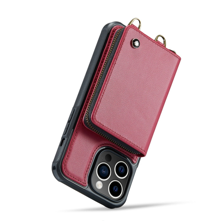 For iPhone 14 JEEHOOD C22 Series Zipper Wallet Phone Case with Long and Short Lanyard(Red) - iPhone 14 Cases by JEEHOOD | Online Shopping UK | buy2fix