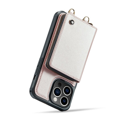 For iPhone 14 JEEHOOD C22 Series Zipper Wallet Phone Case with Long and Short Lanyard(Rose Gold) - iPhone 14 Cases by JEEHOOD | Online Shopping UK | buy2fix