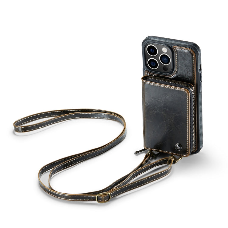 For iPhone 14 JEEHOOD C22 Series Zipper Wallet Phone Case with Long and Short Lanyard(Coffee) - iPhone 14 Cases by JEEHOOD | Online Shopping UK | buy2fix