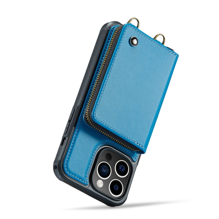 For iPhone 14 Plus JEEHOOD C22 Series Zipper Wallet Phone Case with Long and Short Lanyard(Blue) - iPhone 14 Plus Cases by JEEHOOD | Online Shopping UK | buy2fix