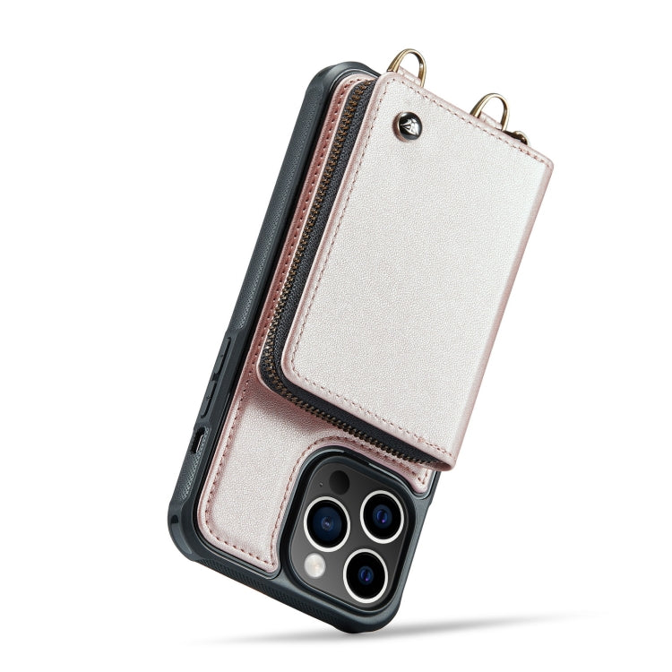For iPhone 14 Plus JEEHOOD C22 Series Zipper Wallet Phone Case with Long and Short Lanyard(Rose Gold) - iPhone 14 Plus Cases by JEEHOOD | Online Shopping UK | buy2fix