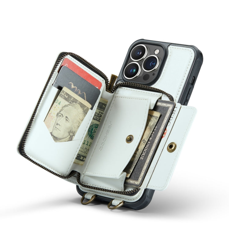 For iPhone 14 Plus JEEHOOD C22 Series Zipper Wallet Phone Case with Long and Short Lanyard(White) - iPhone 14 Plus Cases by JEEHOOD | Online Shopping UK | buy2fix