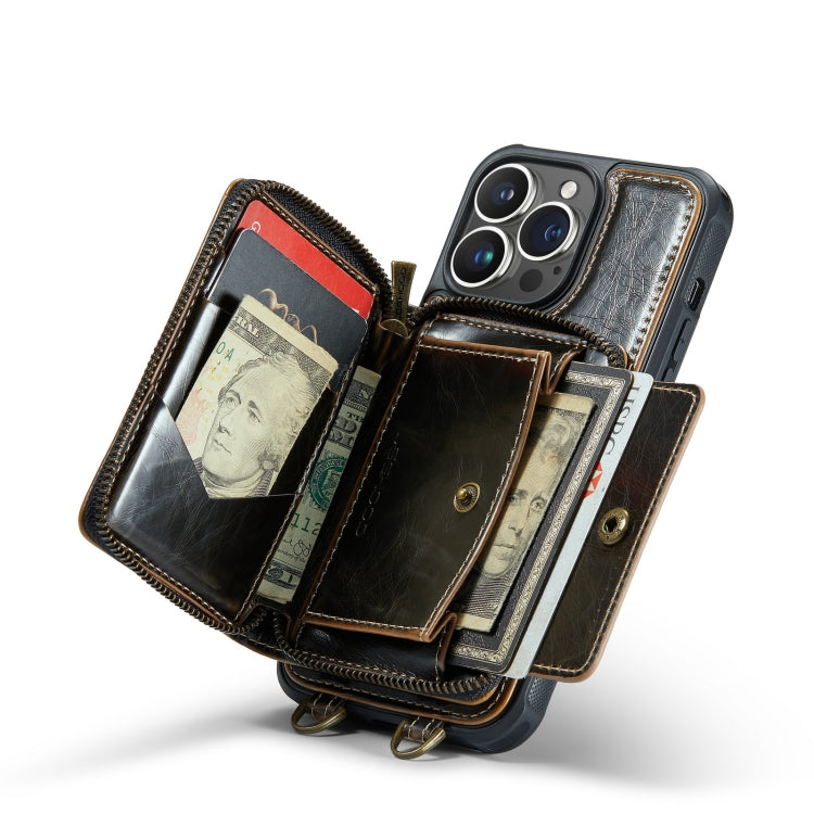 For iPhone 14 Pro Max JEEHOOD C22 Series Zipper Wallet Phone Case with Long and Short Lanyard(Coffee) - iPhone 14 Pro Max Cases by JEEHOOD | Online Shopping UK | buy2fix