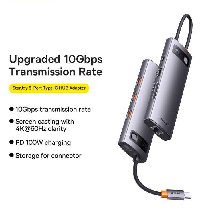 Baseus StarJoy Multifunctional 10Gbps 8-Port USB-C / Type-C HUB Adapter(Grey) - USB HUB by Baseus | Online Shopping UK | buy2fix