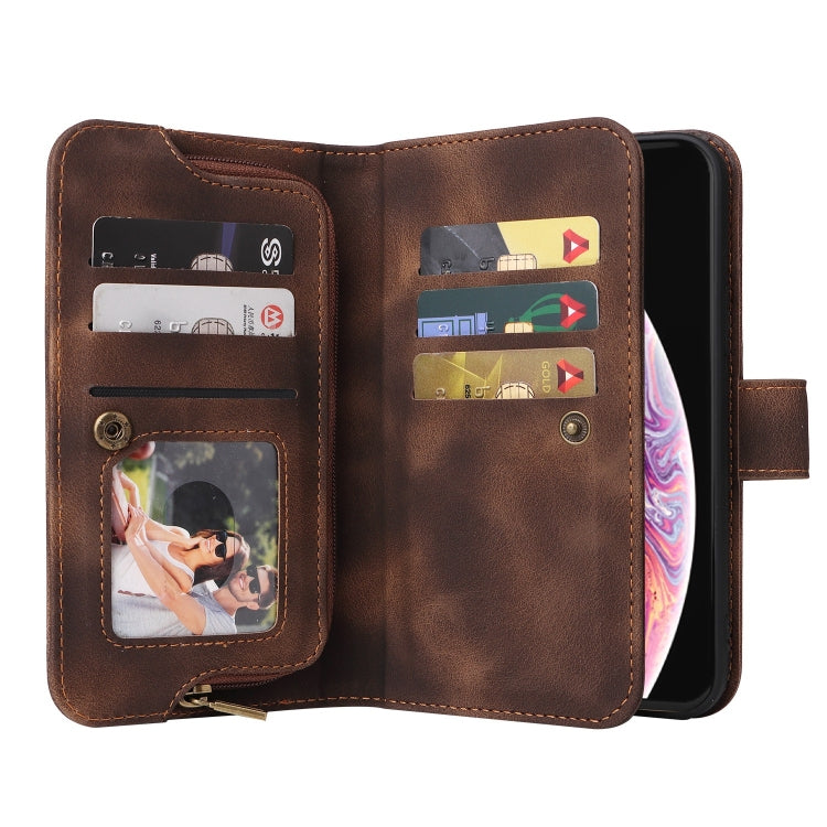 For iPhone XS / X Multifunctional Card Slot Zipper Wallet Leather Phone Case(Brown) - More iPhone Cases by buy2fix | Online Shopping UK | buy2fix