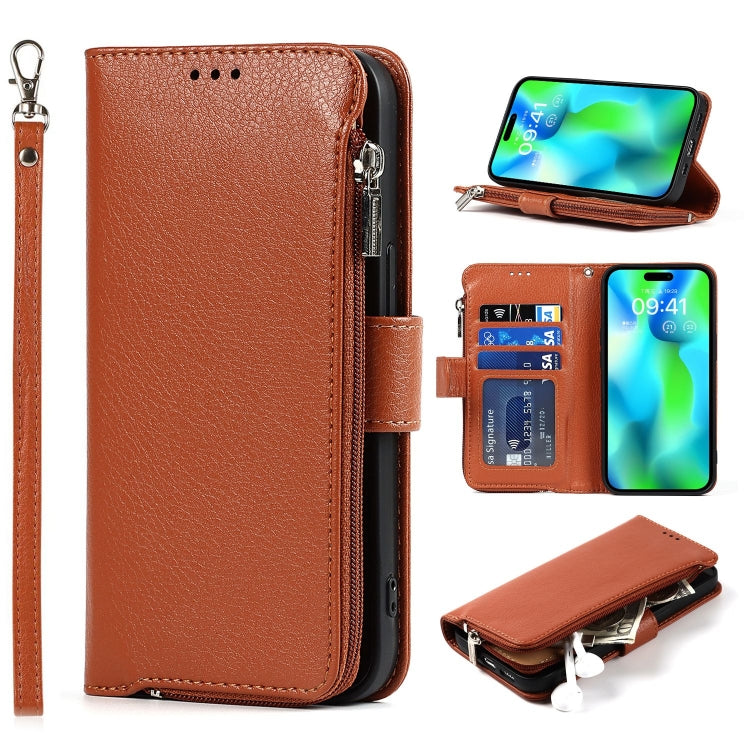 For iPhone 14 Pro Max Microfiber Zipper Leather Phone Case(Brown) - iPhone 14 Pro Max Cases by buy2fix | Online Shopping UK | buy2fix