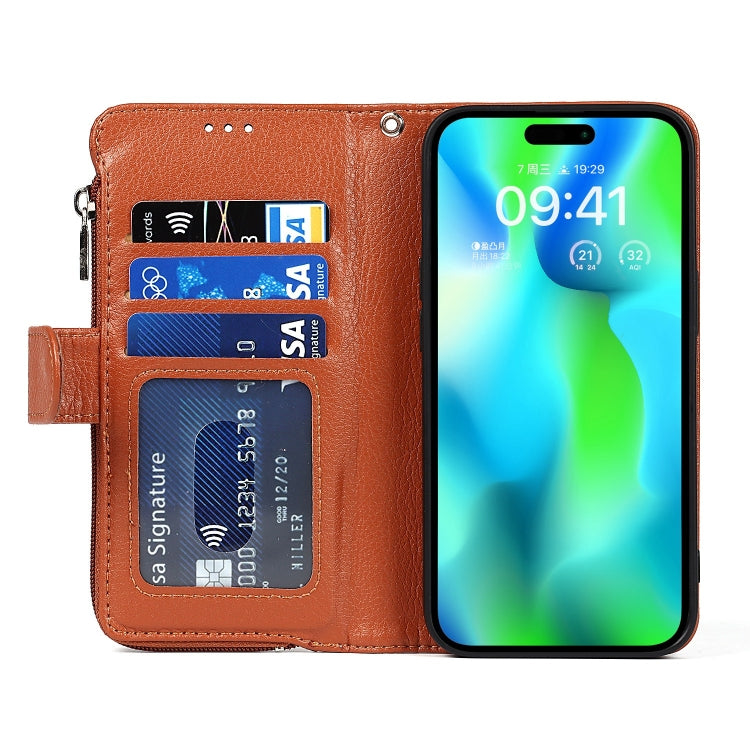 For iPhone 14 Pro Max Microfiber Zipper Leather Phone Case(Brown) - iPhone 14 Pro Max Cases by buy2fix | Online Shopping UK | buy2fix