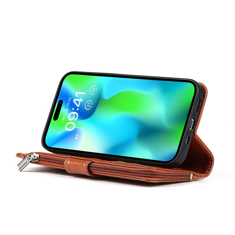 For iPhone 14 Pro Microfiber Zipper Leather Phone Case(Brown) - iPhone 14 Pro Cases by buy2fix | Online Shopping UK | buy2fix
