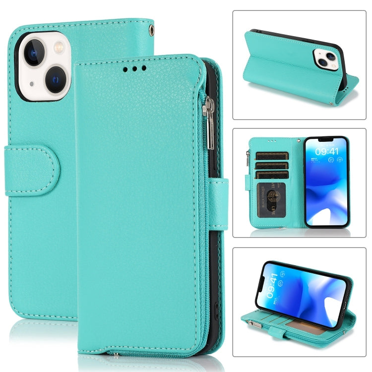 For iPhone 14 Plus Microfiber Zipper Leather Phone Case(Mint Green) - iPhone 14 Plus Cases by buy2fix | Online Shopping UK | buy2fix
