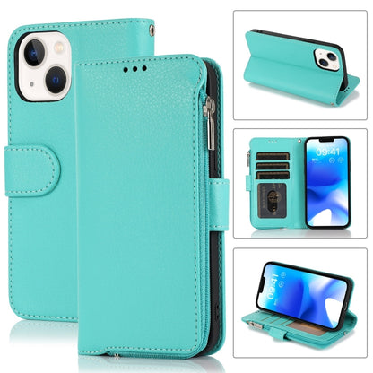 For iPhone 14 Plus Microfiber Zipper Leather Phone Case(Mint Green) - iPhone 14 Plus Cases by buy2fix | Online Shopping UK | buy2fix