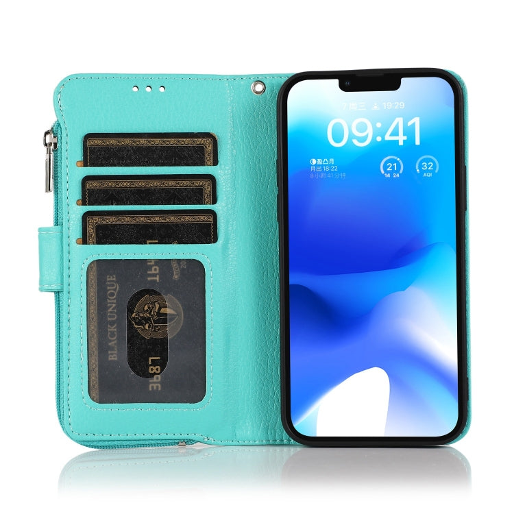 For iPhone 14 Plus Microfiber Zipper Leather Phone Case(Mint Green) - iPhone 14 Plus Cases by buy2fix | Online Shopping UK | buy2fix