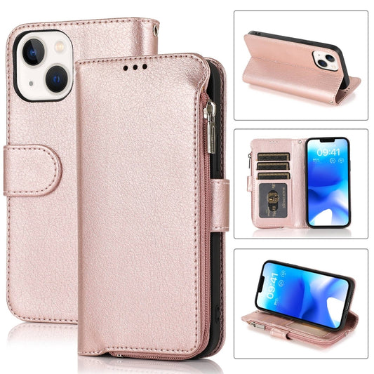 For iPhone 14 Plus Microfiber Zipper Leather Phone Case(Rose Gold) - iPhone 14 Plus Cases by buy2fix | Online Shopping UK | buy2fix