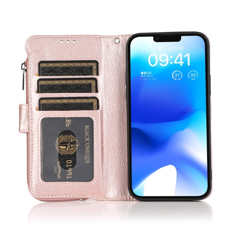 For iPhone 14 Plus Microfiber Zipper Leather Phone Case(Rose Gold) - iPhone 14 Plus Cases by buy2fix | Online Shopping UK | buy2fix