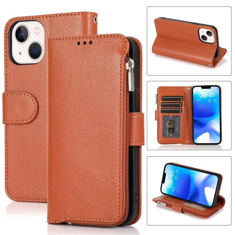 For iPhone 14 Plus Microfiber Zipper Leather Phone Case(Brown) - iPhone 14 Plus Cases by buy2fix | Online Shopping UK | buy2fix