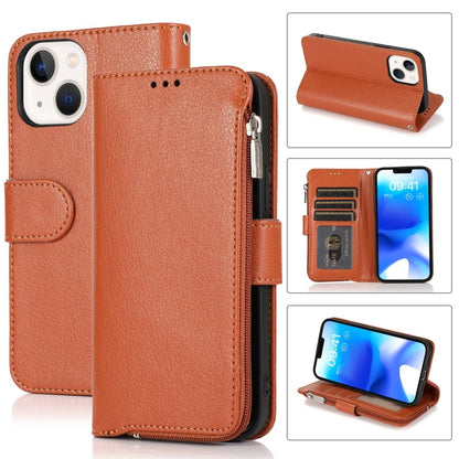 For iPhone 14 Plus Microfiber Zipper Leather Phone Case(Brown) - iPhone 14 Plus Cases by buy2fix | Online Shopping UK | buy2fix