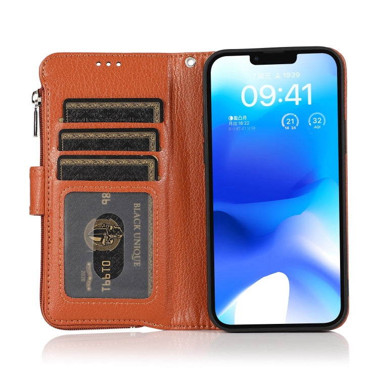 For iPhone 14 Plus Microfiber Zipper Leather Phone Case(Brown) - iPhone 14 Plus Cases by buy2fix | Online Shopping UK | buy2fix