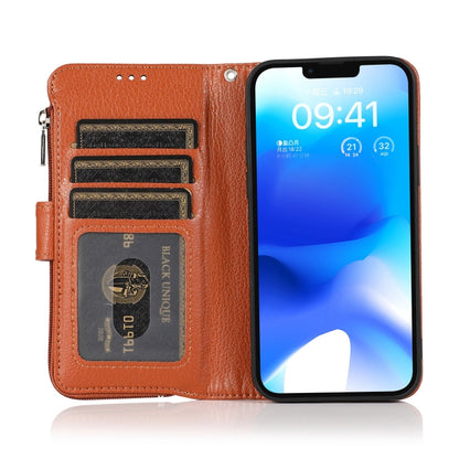 For iPhone 14 Plus Microfiber Zipper Leather Phone Case(Brown) - iPhone 14 Plus Cases by buy2fix | Online Shopping UK | buy2fix