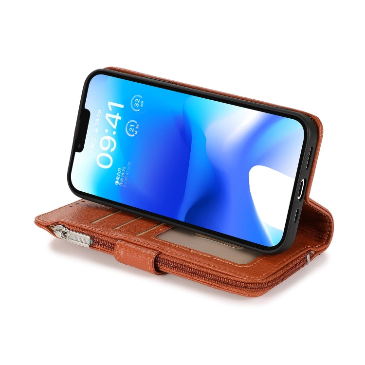 For iPhone 14 Plus Microfiber Zipper Leather Phone Case(Brown) - iPhone 14 Plus Cases by buy2fix | Online Shopping UK | buy2fix