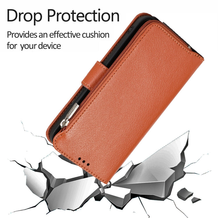 For iPhone 14 Plus Microfiber Zipper Leather Phone Case(Brown) - iPhone 14 Plus Cases by buy2fix | Online Shopping UK | buy2fix