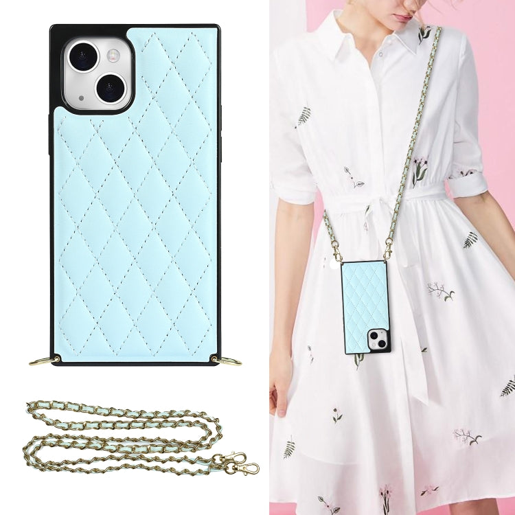 For iPhone 14 Crossbody Rhombic Microfiber Leather Phone Case(Light Blue) - iPhone 14 Cases by buy2fix | Online Shopping UK | buy2fix