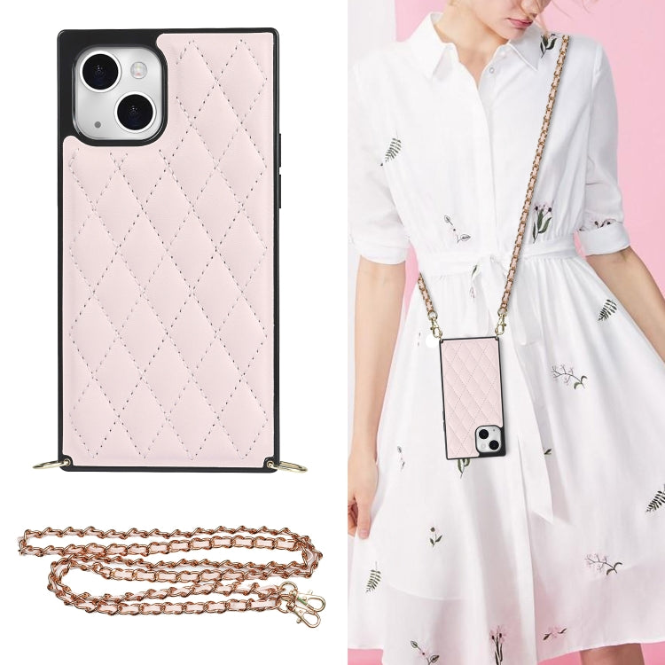 For iPhone 14 Plus Crossbody Rhombic Microfiber Leather Phone Case(Pink) - iPhone 14 Plus Cases by buy2fix | Online Shopping UK | buy2fix