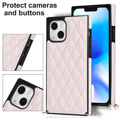 For iPhone 14 Plus Crossbody Rhombic Microfiber Leather Phone Case(Pink) - iPhone 14 Plus Cases by buy2fix | Online Shopping UK | buy2fix