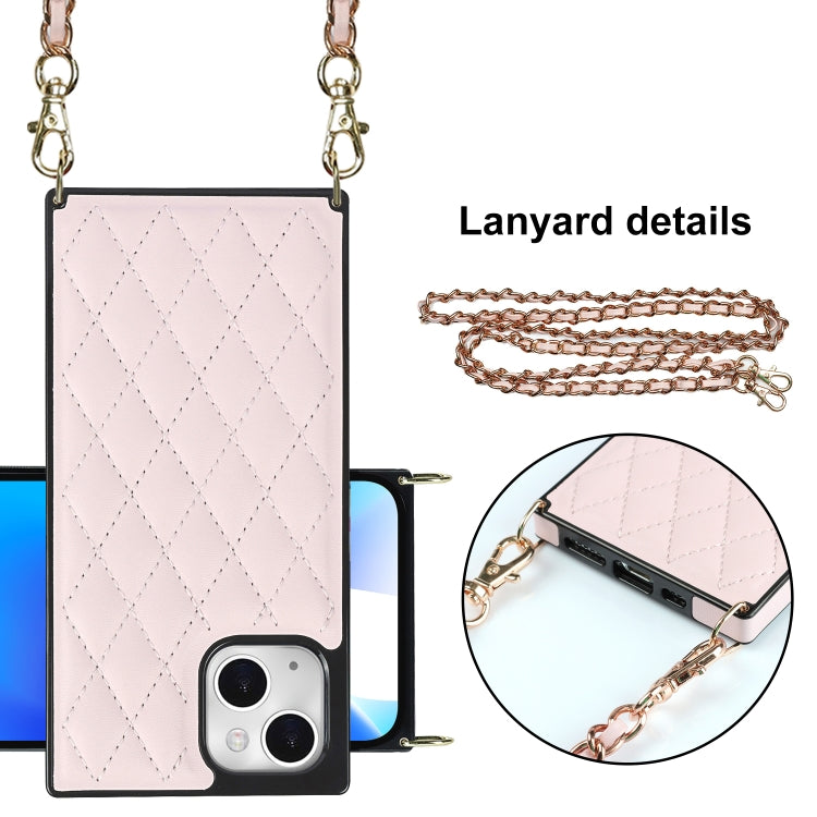 For iPhone 14 Plus Crossbody Rhombic Microfiber Leather Phone Case(Pink) - iPhone 14 Plus Cases by buy2fix | Online Shopping UK | buy2fix