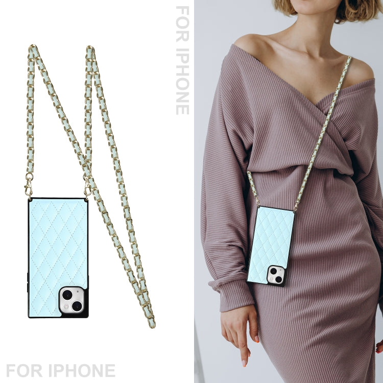 For iPhone 14 Plus Crossbody Rhombic Microfiber Leather Phone Case(Light Blue) - iPhone 14 Plus Cases by buy2fix | Online Shopping UK | buy2fix