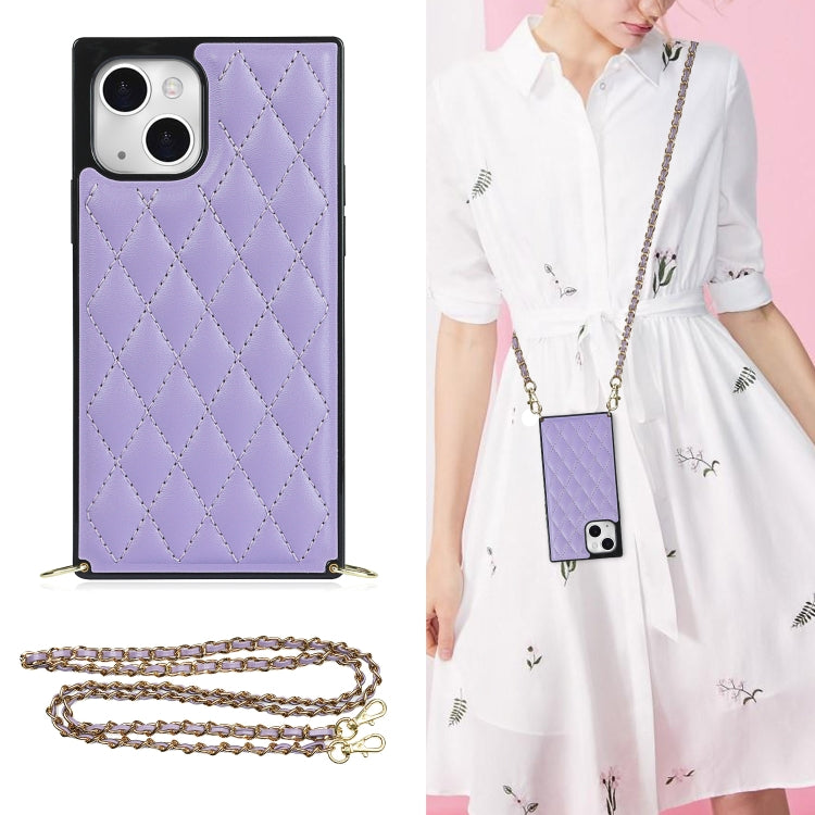 For iPhone 14 Plus Crossbody Rhombic Microfiber Leather Phone Case(Purple) - iPhone 14 Plus Cases by buy2fix | Online Shopping UK | buy2fix